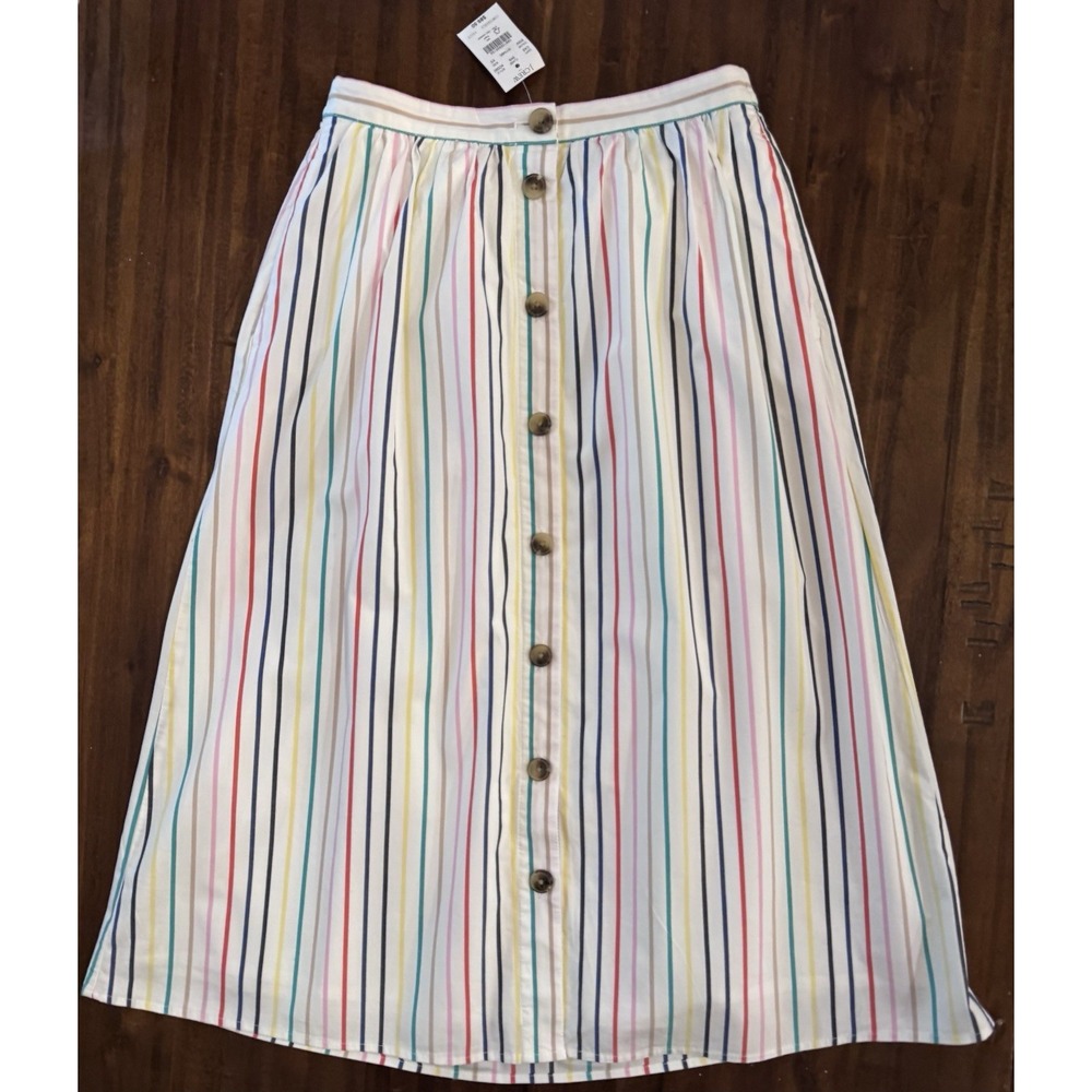 J.Crew Rainbow Stripe Button Poplin Midi Skirt W/ Pockets Sz XS Fully Lined NWT